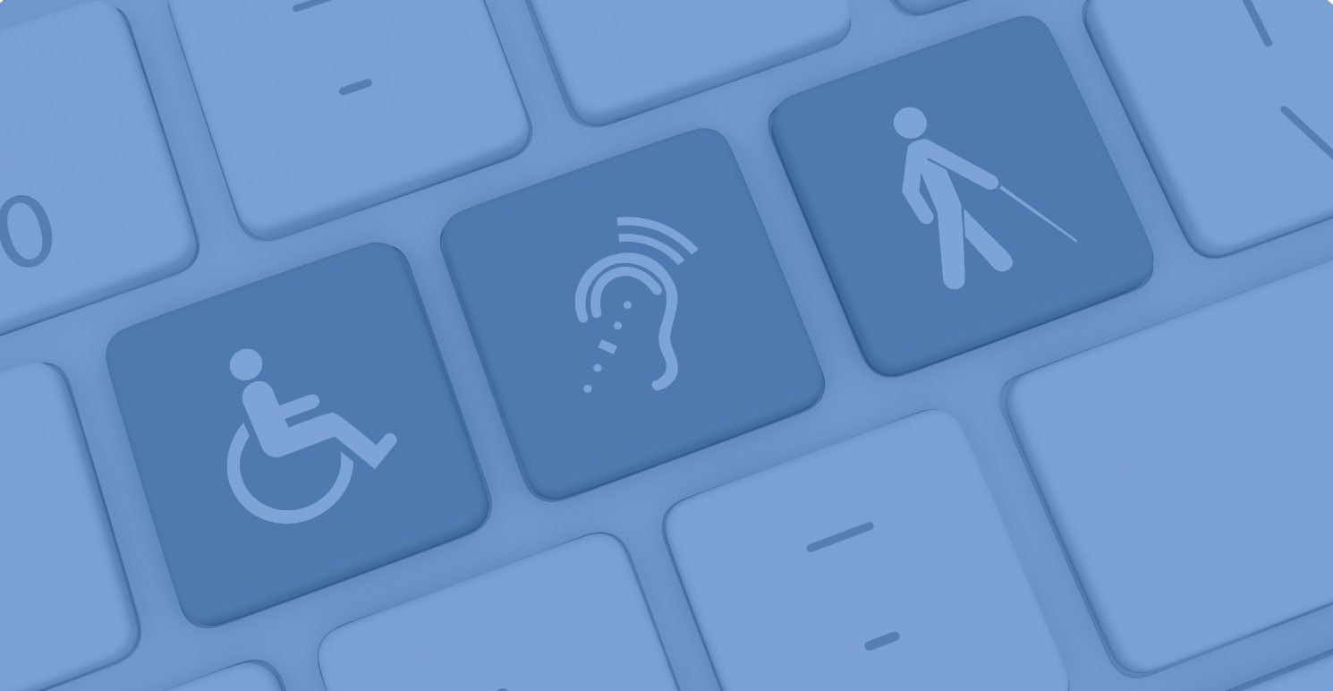 An image of a keyboard with additional keys featuring a person in a wheelchair, an ear, and a person with a walking stick to represent digital accessibility