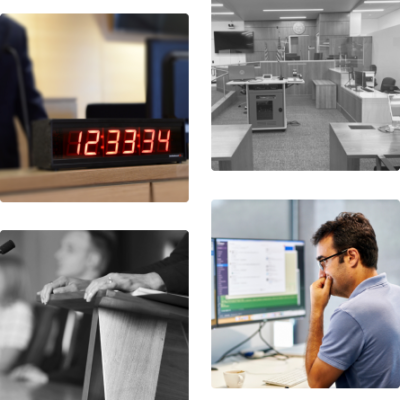 A group of four images which feature a man at a computer, a clock, a courtroom, and a person at a lecturn