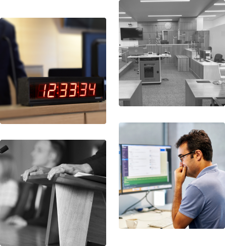 A group of four images which feature a man at a computer, a clock, a courtroom, and a person at a lecturn