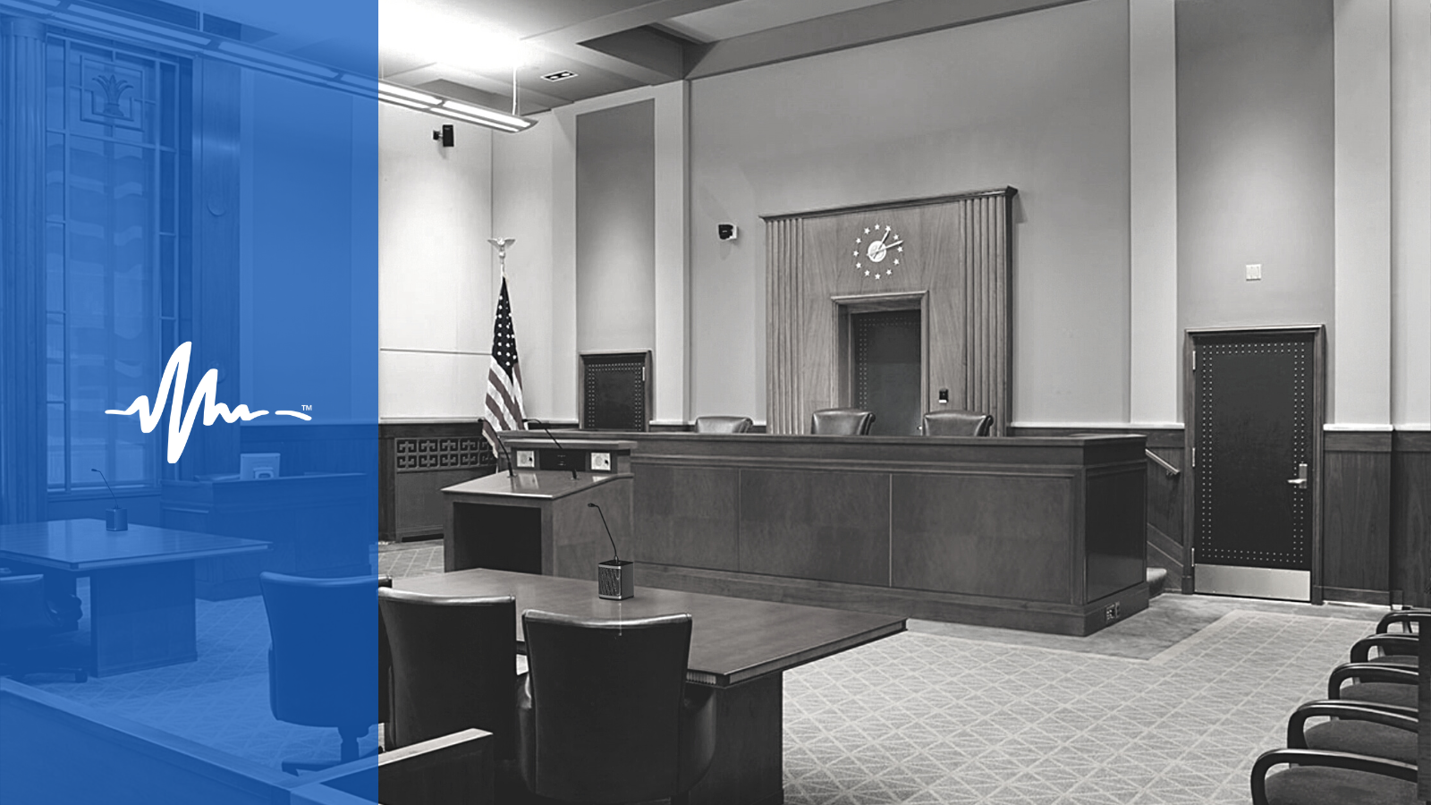 A greyscale image of a US courtroom with a blue overlay and the white For The Record soundwave icon.