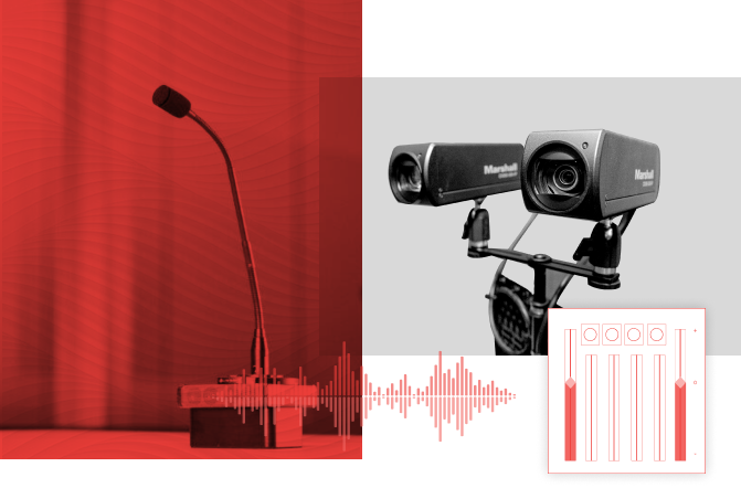 An image of a microphone and video cameras.