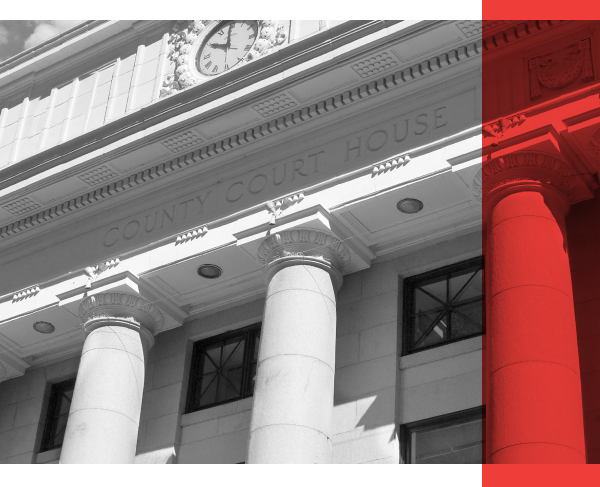 Courthouse building front with red rectangle overlay