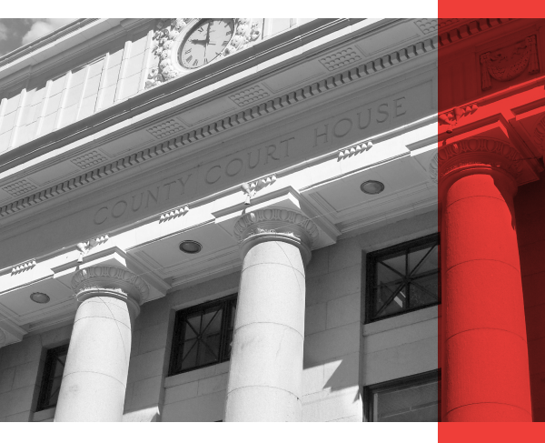 Courthouse building front with red rectangle overlay Courthouse building front with red rectangle overlay
