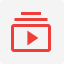 A red icon of a play button on a red rectangle over a grey box