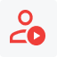A red icon of a person with a play button on a grey background