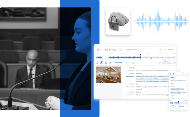 A number of photos depicting the capturing of court records, including an image of a woman talking into a microphone in a courtroom; a screenshot of speech-to-text output; and icons depicting a cloud, lock, and soundwave.