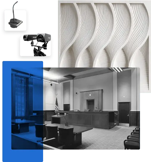 A group of images depicting a microphone, video cameras, a courtroom, and a textural design element