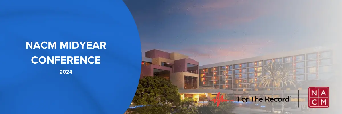 A photo of a hotel with For The Record and NACM logos.